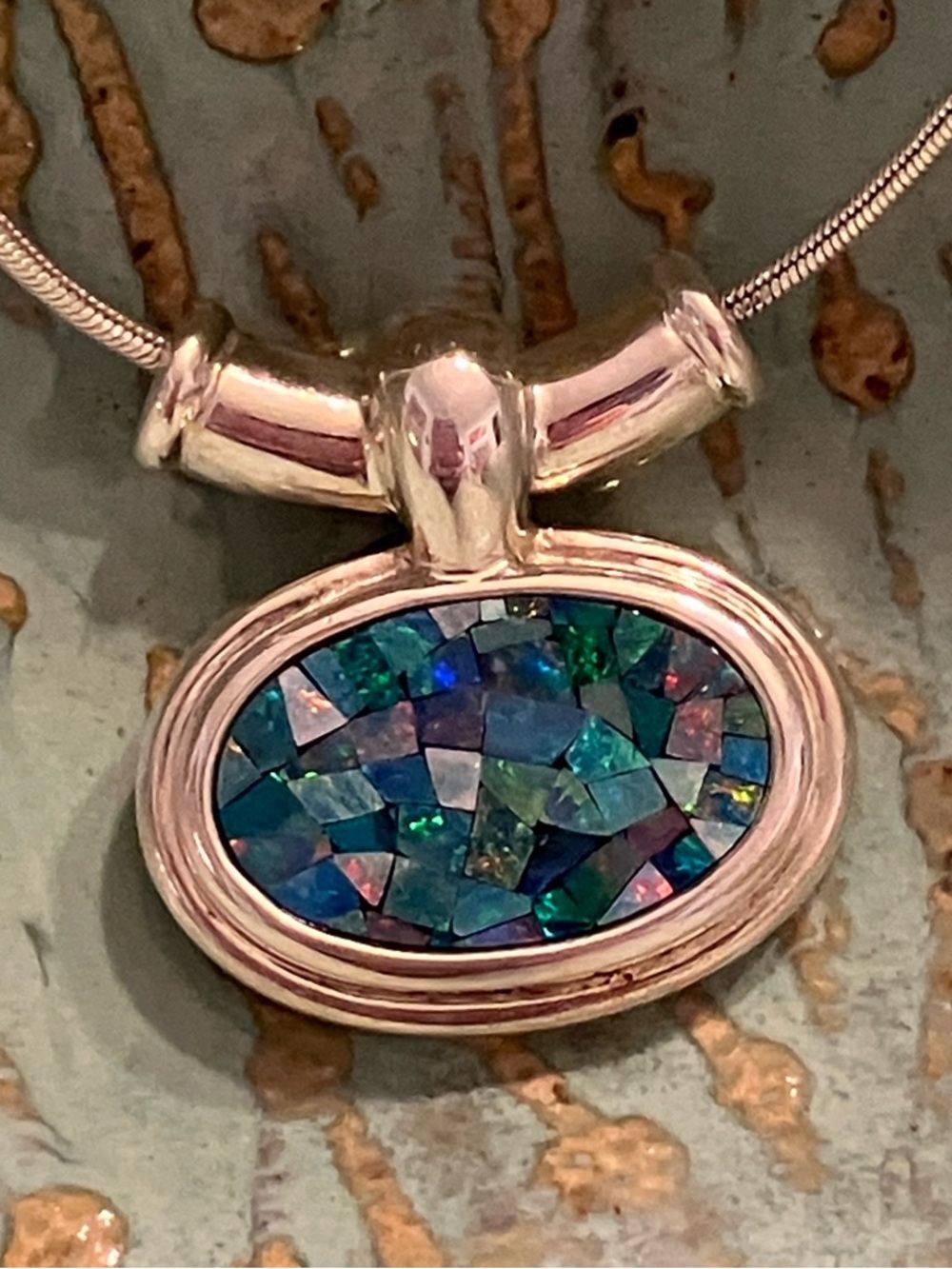 JTV Sterling& Opal  Mosaic Opal Pendant Necklace in Blue and Green